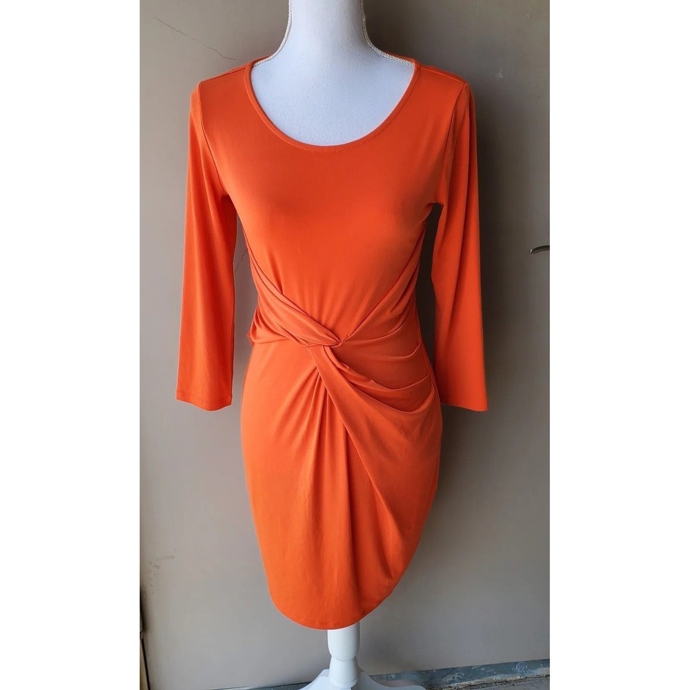 Metaphor Sheath Dress Women Small Orange Twist Front Long Sleeve Bodycon Stretch